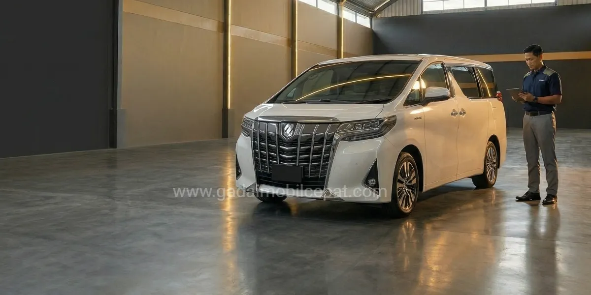 Inspeksi fisik unit Premium MPV Toyota Alphard di fasilitas indoor storage kelas VIP Gadai Mobil Cepat Kemayoran.
